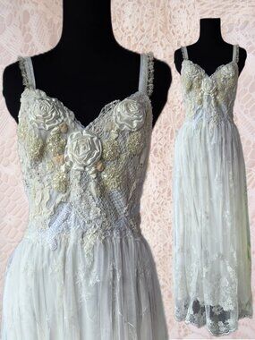 Handmade Ethereal Rose and Lace Maxi Babydoll Bodice Slip Dress Vintage Romance